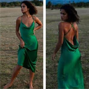 Rat & Boa Emerald Green Satin Slip Midi Dress Cowl Neck Open Back Wedding Guest